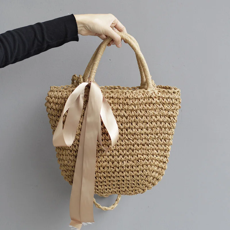 

New Arrive Handmade Straw Bags Ribbons Bowknot Beach Knitting Handbags Tote Shoulder Bag 2021