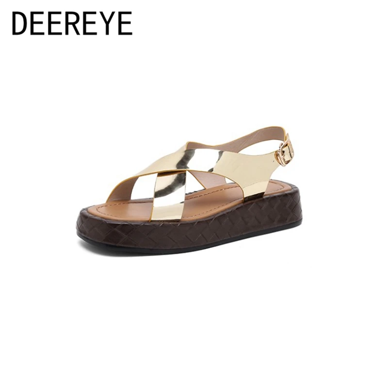

2021 Summer Street Fashion Trends Thick Bottom Platform Sandals Shiny Gold Slip-On Flat Casual Shoes With Soft Sole Brown Black