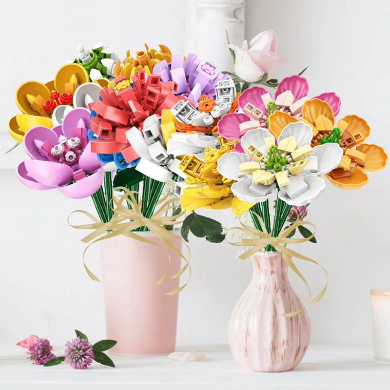 

New MOC Flower Bouquet Model Building Blocks DIY Creative Room Decoration Rose Sunflower Bricks Toys for Kids Girlfriend Gifts