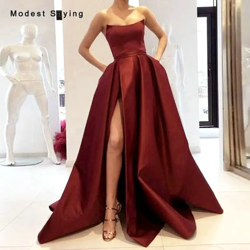 Винно красные платья для выпускного 2019 Сексуальная Вечерние с Разделение