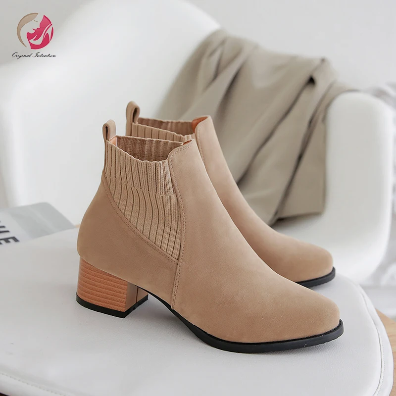 

Original Intention Elegant Lady Ankle Boots Woman Mid Heels Round Toe Flock Concise Comfortable Casual Shoes Woman Plus Size