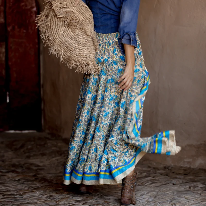 

Boho Print Long Skirts Women Bottoms Elastic Waist Gypsy Ethnic Ladies Skirt