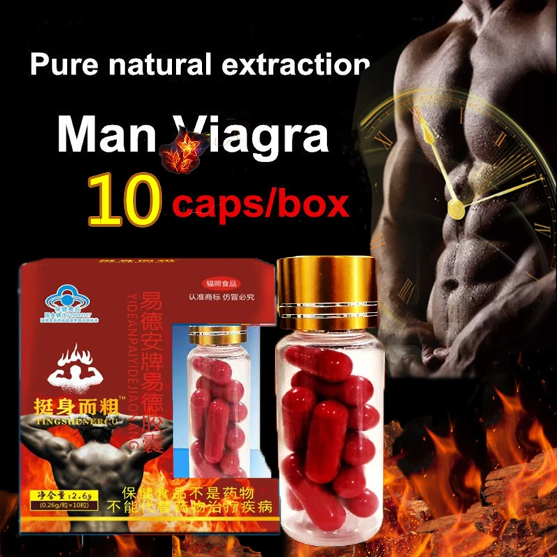 Мужчина продлевает сильную эрекцию капсулы с экстрактом корня маки. Порошок