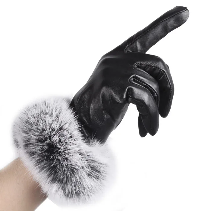 

Hand Warmer Women Lady Black Leather Gloves Autumn Winter Warm Rabbit Fur Mittens Women Full Finger Gloves