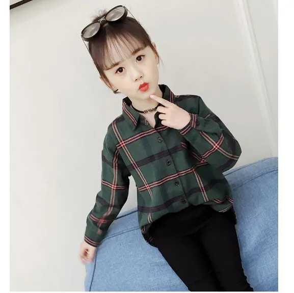 Kids Casual Blouses Spring Fall Girl Cotton Long Sleeve Color Blocking Plaid Shirts Tops Children Sweet Garments Clothing B252 | Детская