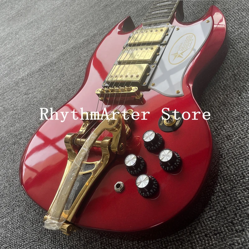 Гитара SG корпус темно-красного дерева гриф из розового фурнитура золотого цвета