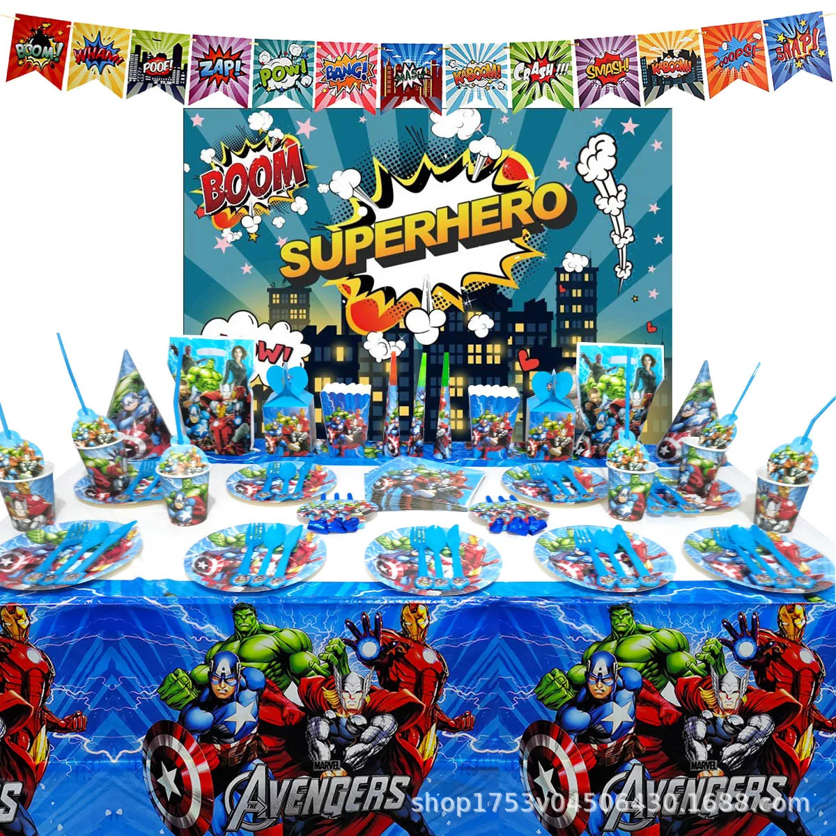Одноразовая посуда для детского дня рождения с супергероями скатерть чашки