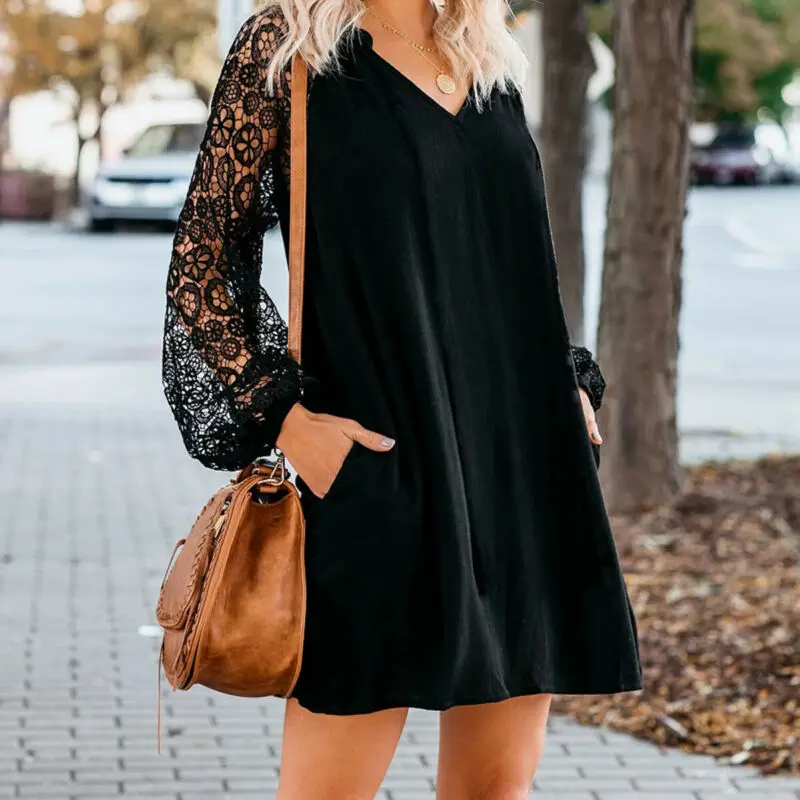 

Hot Sale Ladies Long Sleeve Lace Dress Women Summer Dress Loose Casual Office Short Mini Dresses A-line Holiday Beach Dresses