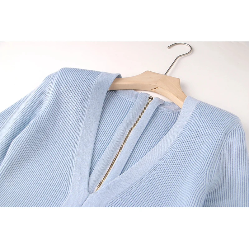 Женское винтажное вязанное платье с v-образным вырезом и длинным рукавом