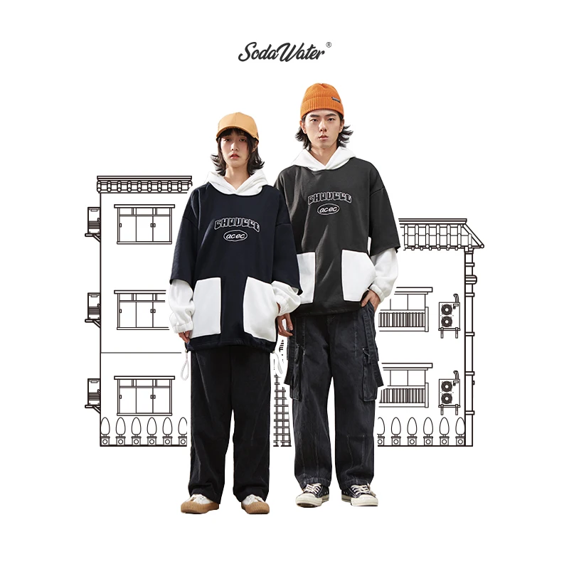 Толстовка SODAWATER Мужская составного кроя худи с капюшоном в стиле хип-хоп надписью