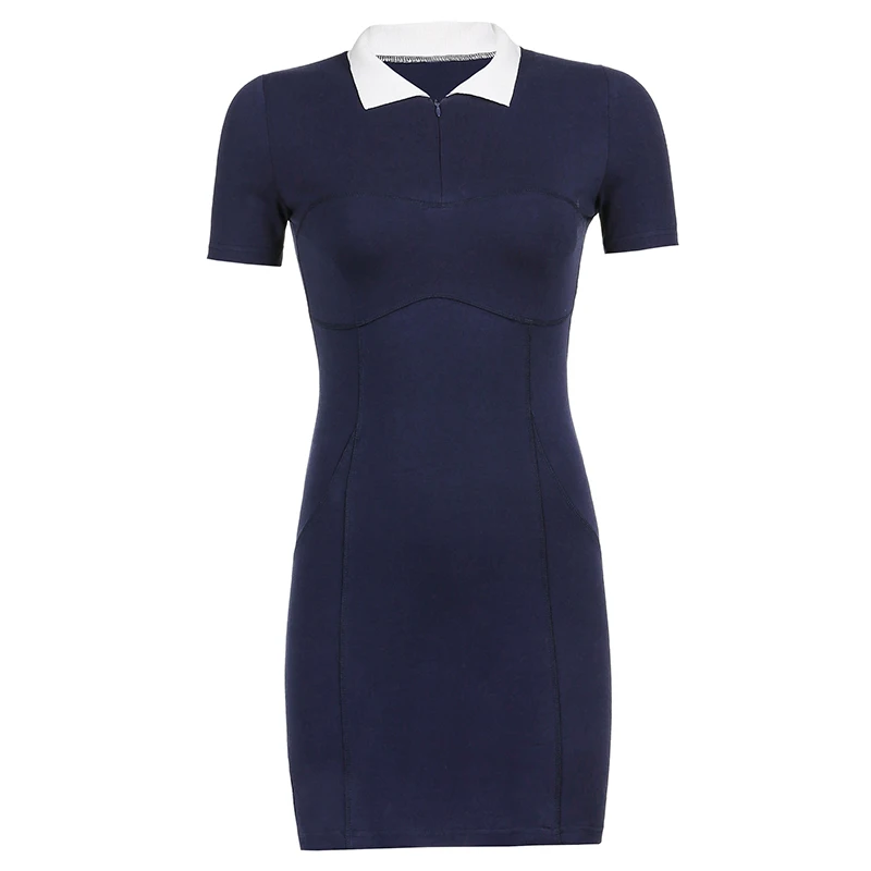 

Rockmore Sexy Bodycon Mini Dress Turn-Down Collar Zipper Dress Short Sleeve Blue Split Dresses Clothes Fashion Summer 2021 New