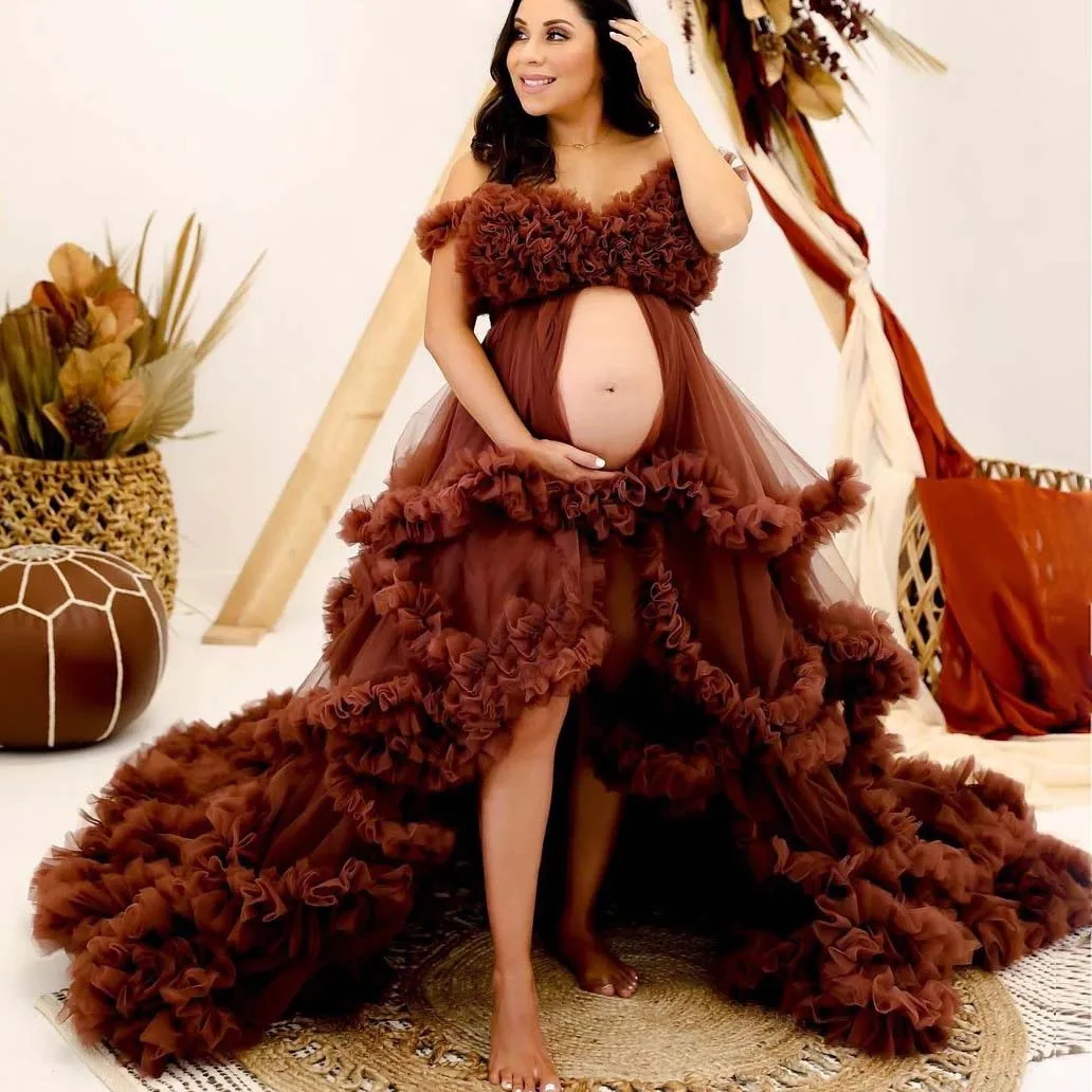 

Brown Puffy Tiered Ruffles Maternity Dress Sheer Long Women Maternity Dressing Gowns for Photoshoot Pregnancy Tulle Robes