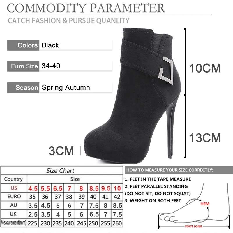 

BYQDY Suede Platform Ankle Boots Women 13cm Thin Heel Round Toe Boots Buckle Ladies Autumn Winter Worker Shoes Side Zipper 34-40