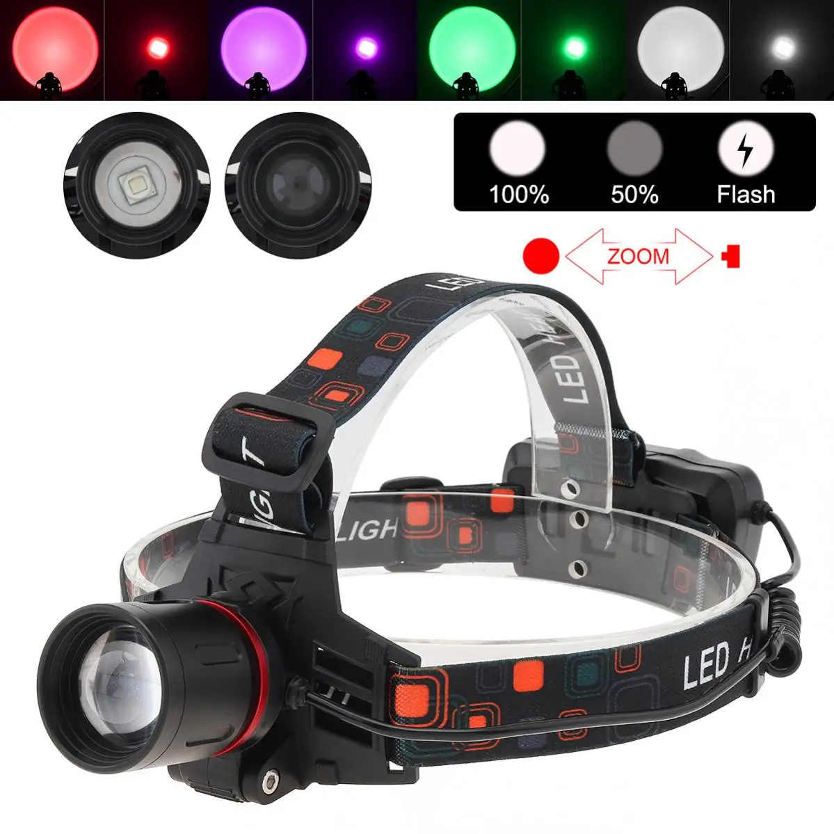 

Zoomable Green/Red/Purple/White XML-T6 LED Night Hunting Light Waterproof Rechargeable Headlight with USB for Coyote Predator