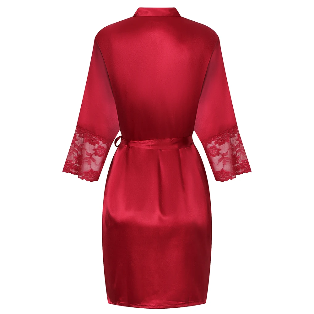 Бургундия молодой леди кимоно купальный халат с кружевом Сексуальная