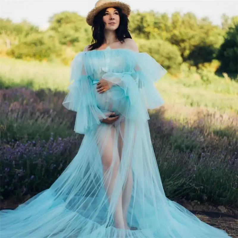 

Off the Shoulder Tulle Prom Dresses Maternity Robes For Photo Shoot See Thru Ruffles Sheer Bridal Pregnancy Dress Gowns