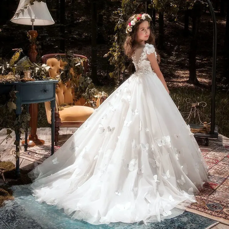 Flower Girl Dresses Butterfly Applique Applique Pageant Dresses For Girls First Communion Dresses Kids Prom Dresses