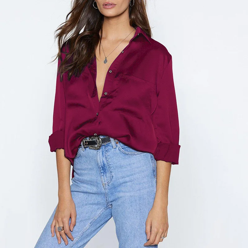 

Spring and Autumn 2020 Fashion Women Blouse Casual Solid Color Long Sleeve Loose Double Pocket Button-down Satin Shirt