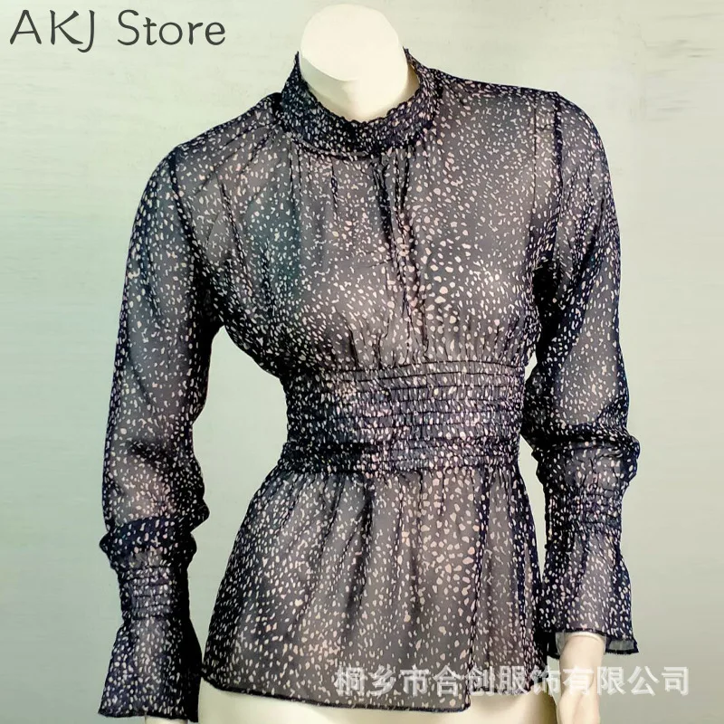 

Women Casual Flare Long Sleeve Turtleneck Print Blouse Slim Ruffles Female Shirt