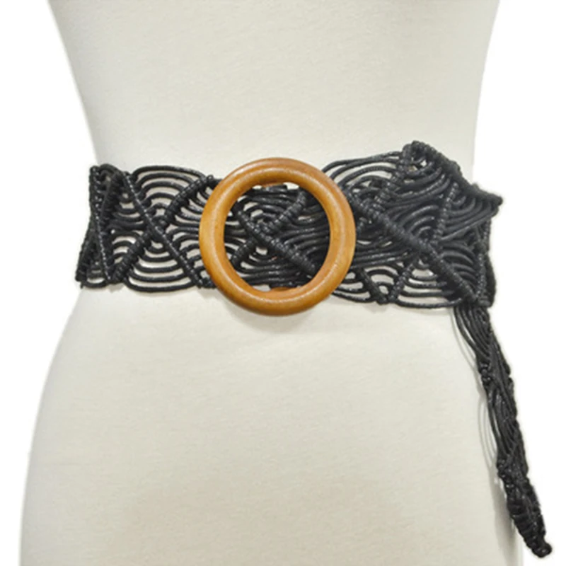 

Vintage Wide Bohemian Belts Women Round Wood Buckle Woven Braided Waist Chain Belt Female Casual Crochet Boho Dress Waistband
