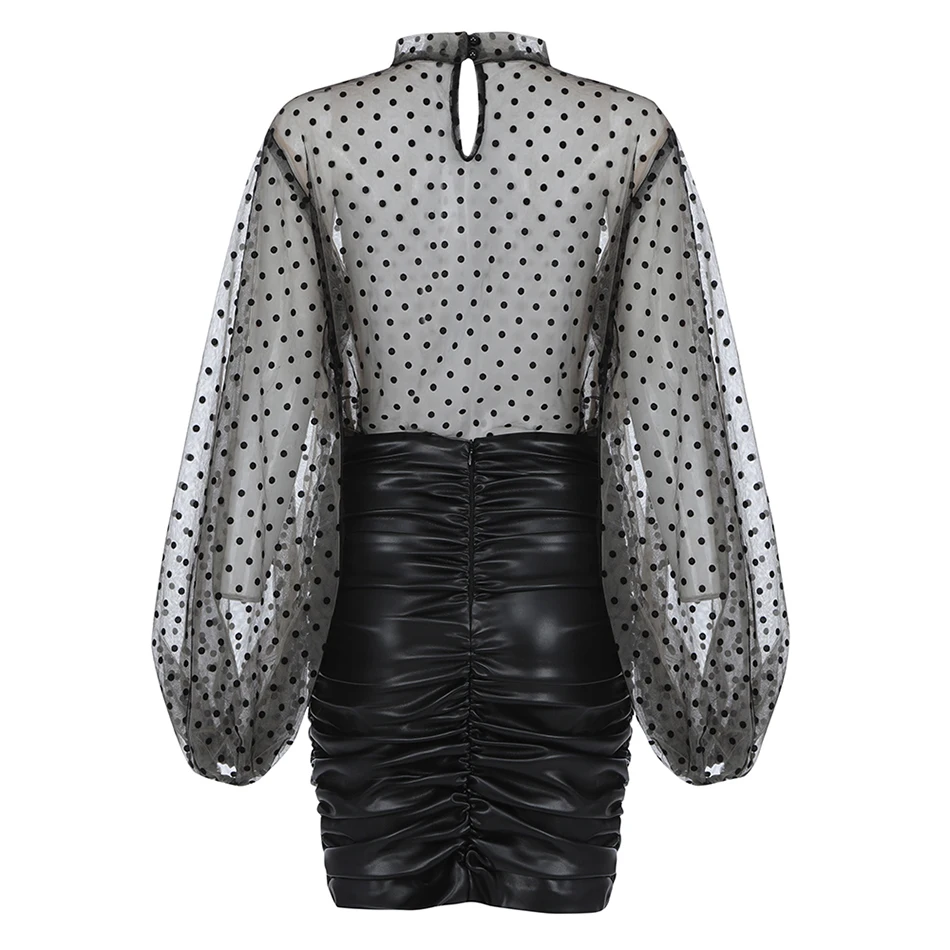 Ailigou Сексуальная Водолазка длинное Сетчатое платье фонарь с рукавом Топ Bodycon PU