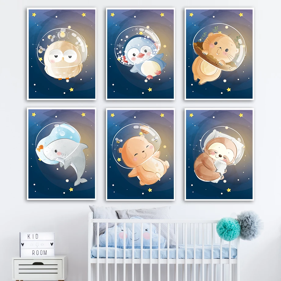 

Cartoon Space Sloth Bear Owl Dolphin Stars Wall Art Canvas Painting Nordic Posters And Prints Wall Pictures Baby Kids Room Decor