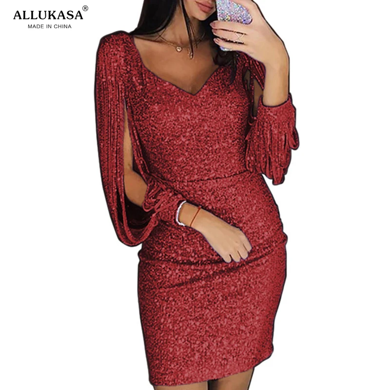 

2020 tops Dress New Women Plus Size 5 Color Sexy V-Neck Solid Sequined Stitching Shining Sheath Long Sleeved Party Dress