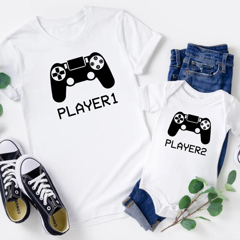 Ropa a juego para la familia, camiseta divertida de aspecto de padre e hijo, playera de manga corta para pap&aacute;, Body para beb&eacute;, 1 jugador 2, 1 ud.-4