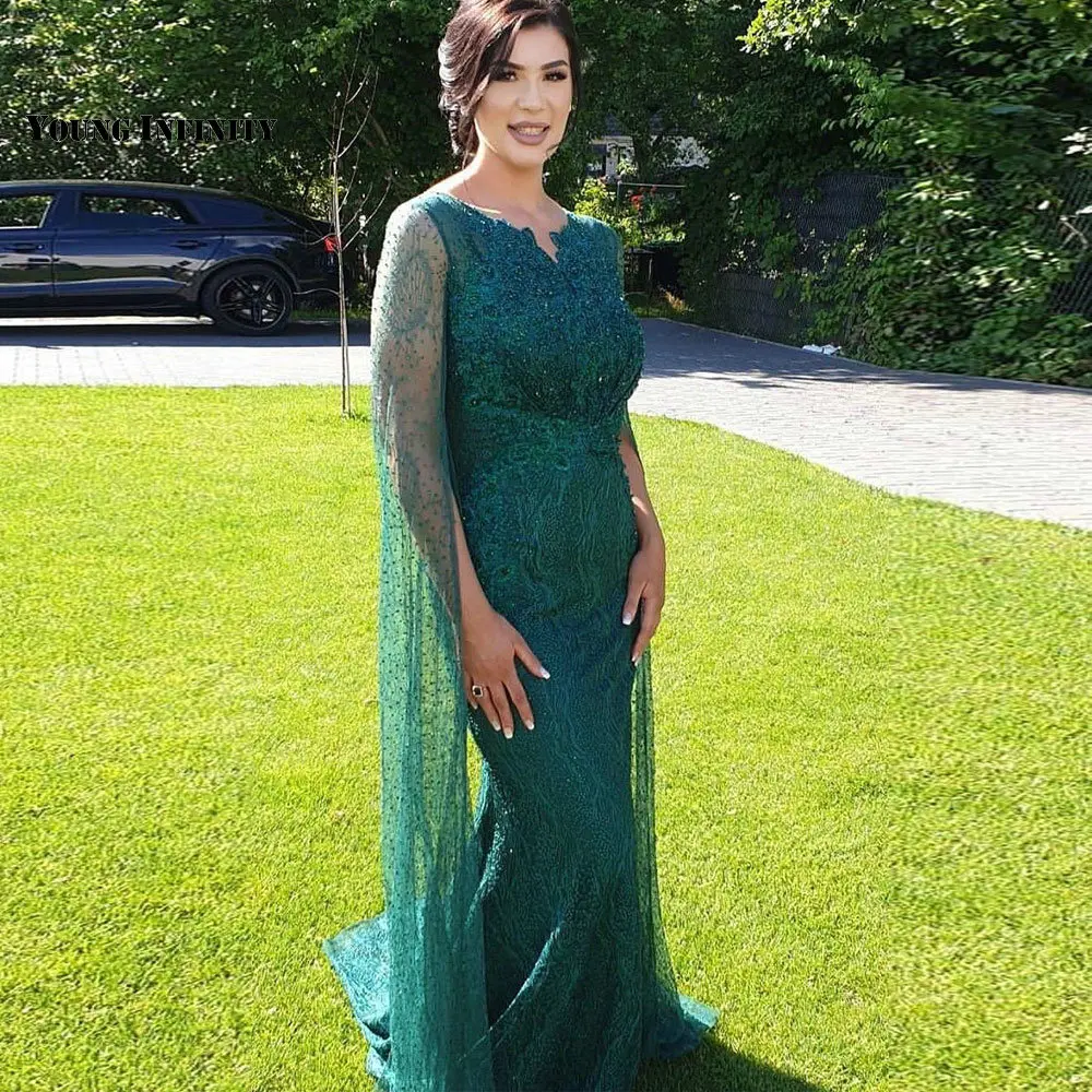 

Женское длинное вечернее платье с юбкой-годе, длинное кружевное платье с глубоким круглым вырезом, длинным рукавом и шлейфом, расшитое бисе...