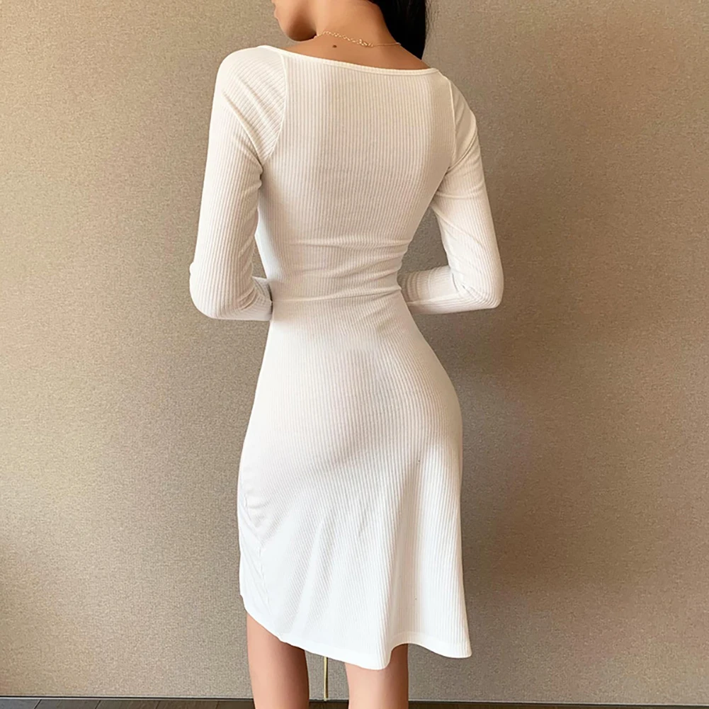 

Women Clothing Trend Casual Slim Sexy Square Neck Long Sleeve Split Ribbed Ribbed Party Mini Bodycon Dress