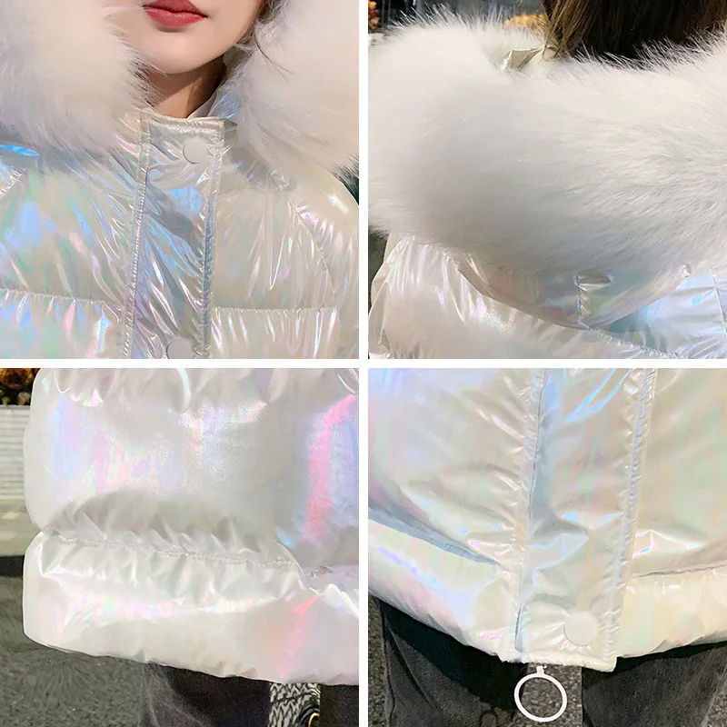 2020 New Long Glossy Hooded Parka Jacket Women Warm Thicken With Fur Collar White Long Winter Coats Parka