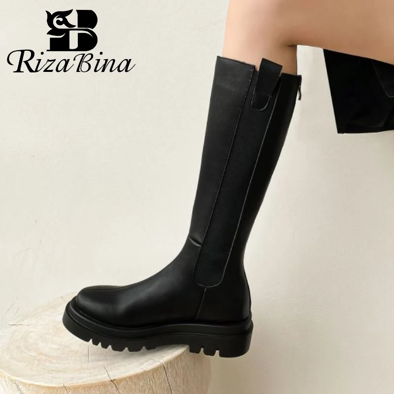 

RIZABINA Size 34-43 Women Knee High Boots Real Leather Thick Bottom Winter Women'S Shoes Cool Fashion Long Boots Women Footwear