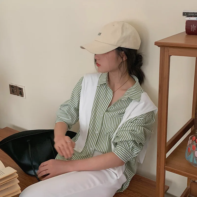 

Striped Blouses for Women Temperament Shrug Loose Casual 2ps Women Set Elegant Office Lady Shirts Fashion All-match Female Tops