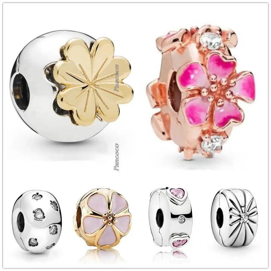 

Original 925 Sterling Silver Rose Gold Mix Enamel Peach Blossom Clip Stopper Charm Bead Fit Pandora Bracelet & Necklace Jewelry