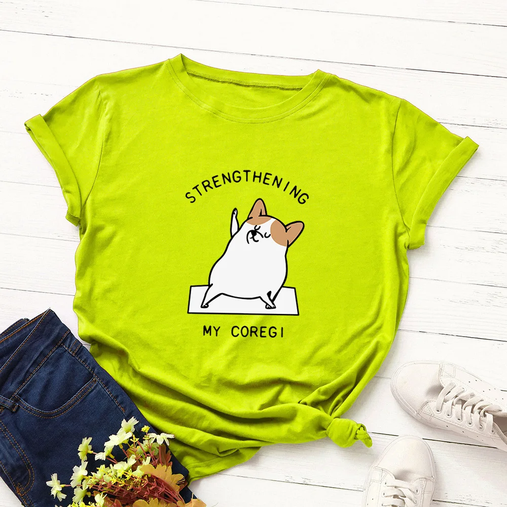

Women Cotton T- Shirt Cute Corgi Dog Exercise Print Oversize Short Sleeve Tops Shirts Graphic Tees Female Autumn Fall Summer Tee
