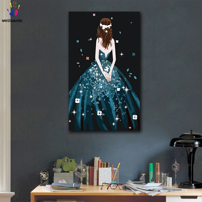 DIY картинки для раскраски по номерам с цветами Девушка в синем платье вид сзади