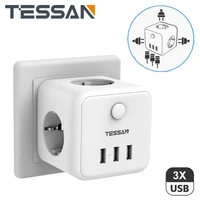 tessan white eu plug power adapter with 3 usb charger ports 3 ac outlets and onoff switch cord overload protection multi socket