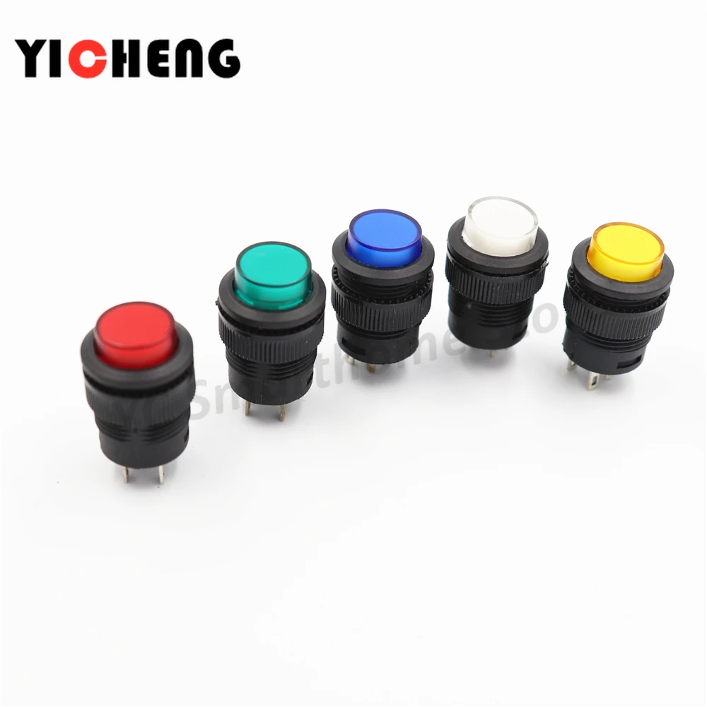 

5Pcs R16-503 key button switch with light jog reset self-locking switch round 4 Pin 2 Pin 16MM With light LED 3V