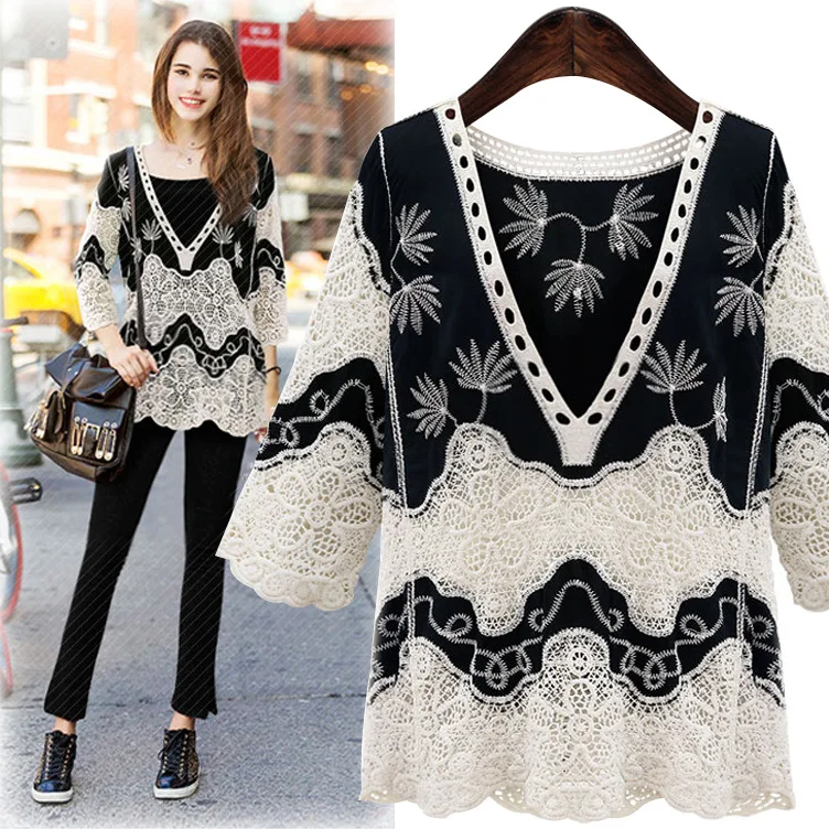 

Spring Summer 2021 Fashion V-neck Hollow Lace Shirt Women's Nine-sleeve Embroidered T-shirt Clothing Tops Tees T-Shirts