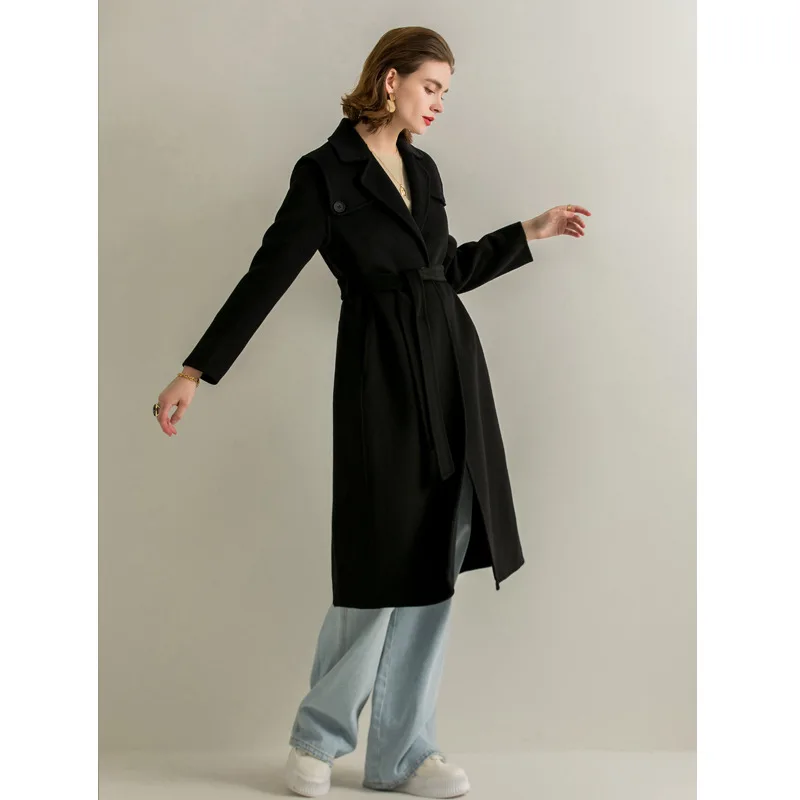 

Women's Elegant Long Wool Coat Jacket black belt fashion Outerwear Ladies double sided cashmere Overcoat Autumn Winter 2021