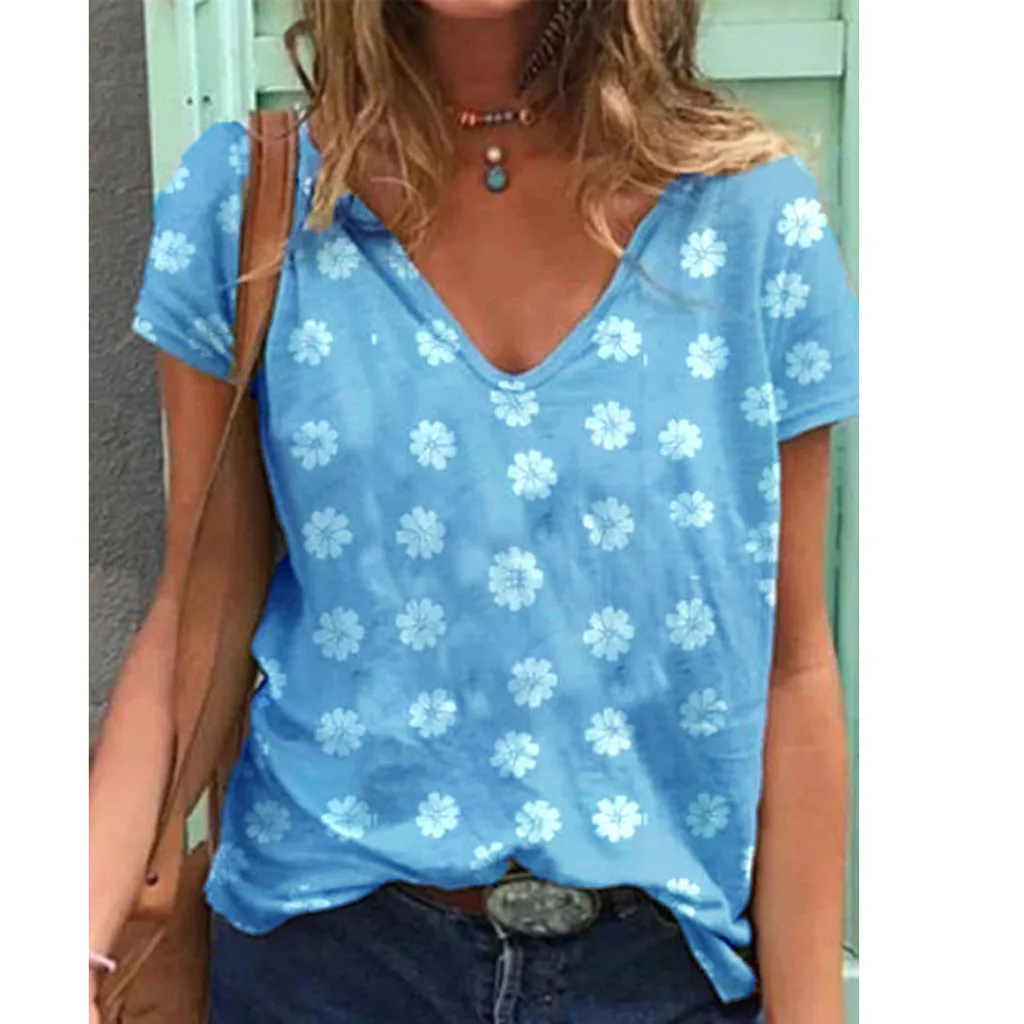 Размера плюс с коротким рукавом женская футболка Дейзи цветочным принтом и v