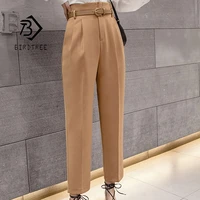 2021 spring autumn casual suit pants womens workwear solid high waist straight pants capris trousers with belt b11308p