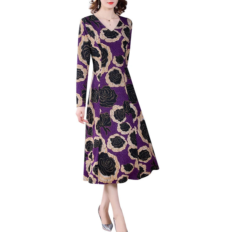 

2021 New Women Purple Floral Casual Midi Dresses Spring Vintage 4XL Plus Size Long Sleeve Dress Elegant Bodycon Party Vestidos