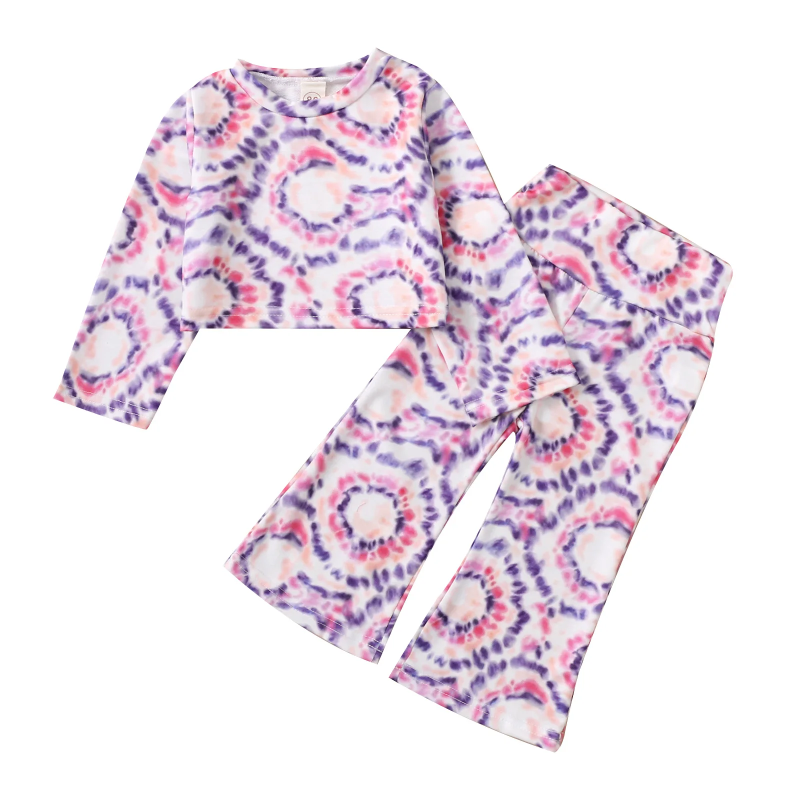 

2 Pcs Infant Tie-dye Print Outfits, Girls Long Sleeve Round Neck T-shirt + Flared Pants Flared Pants Suit Children'S Clothing