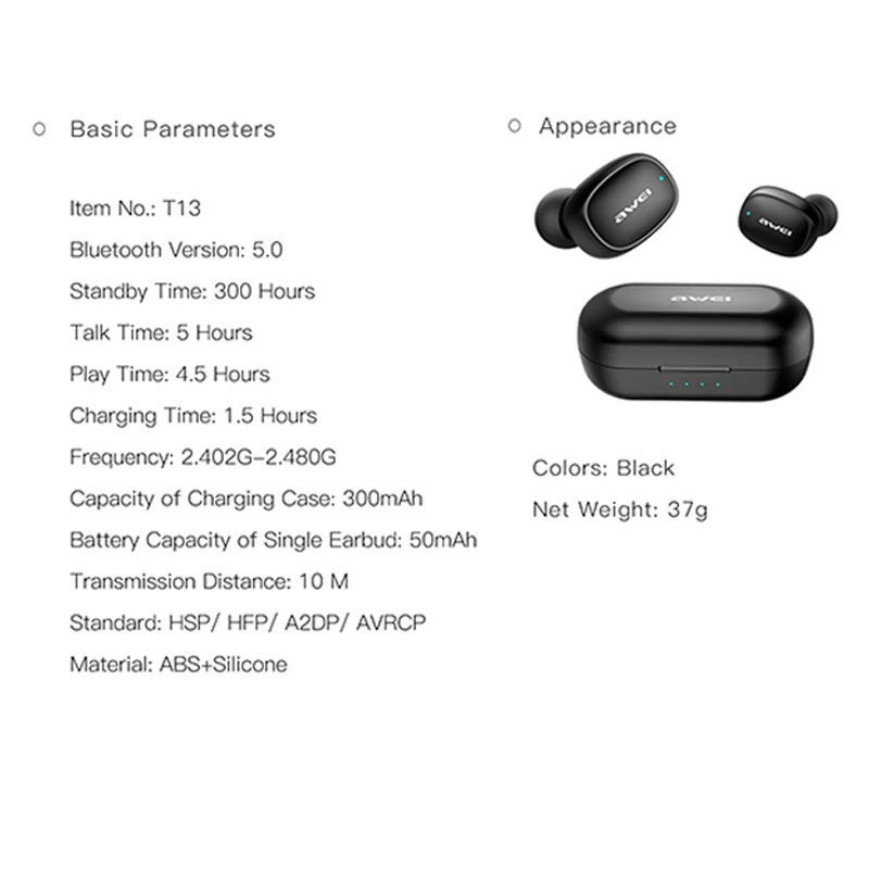 

AWEI Bluetooth Earbuds T13 TWS True Wireless Bass HiFi In-Ear Earphones Capsule Touch Contorl With Mic HiFi Stereo Headphones