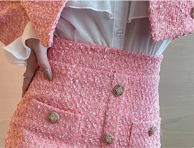 

High Quality New Fashion 2020 Autumn Winter Runway Woolen Two Piece Sets Women Top Tweed Jacket Coat + Mini Skirt Suit Set