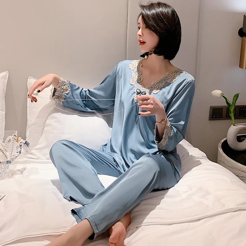 

Spring Summer Women Pajamas Set Casual Soft Satin 2PCS Sleepwear Nightwear Long Shirt&pant Sexy V-neck Lace Intimate Lingerie