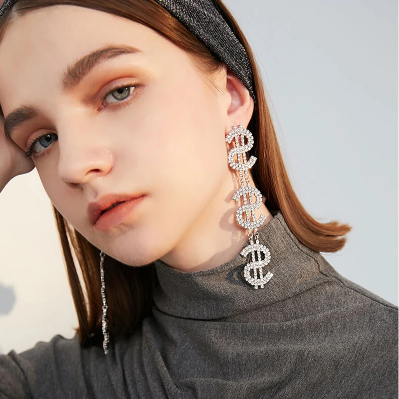 Женские серьги с подвесками золотистые серебристые долларовые черные пятничные