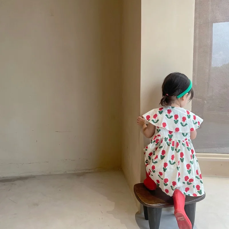 

Children 2021 Summer New Girls Dress Small Red Flower Big Lapel Vest Sleeveless Cotton Casual Princess Dresses