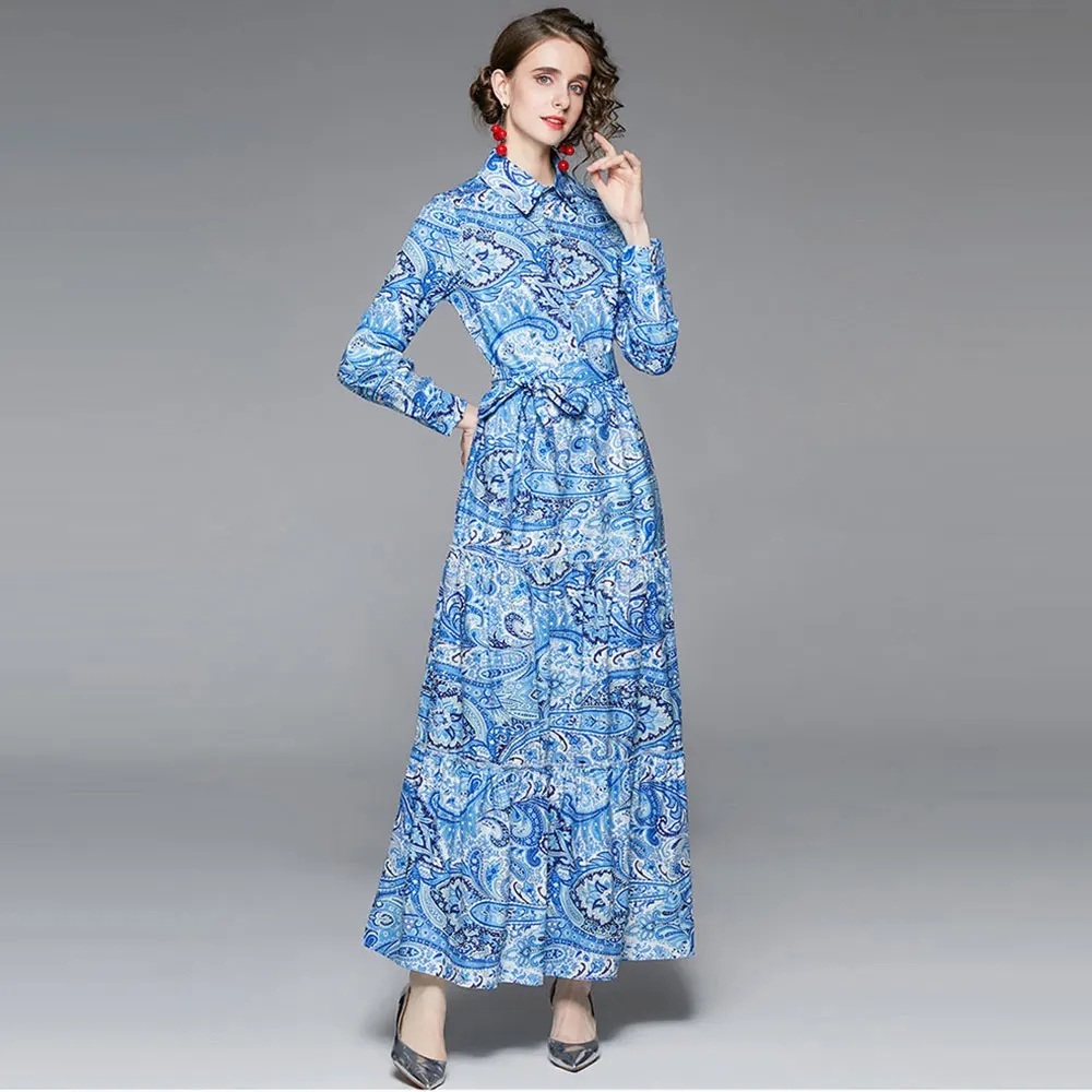 

2021 Autumn Spring Fashion Maxi Dress Women's Shirt Collar Long Sleeve Bow Sashes Flower Print Vintage Femme Party Dress S66076